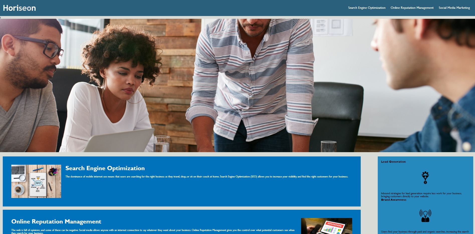 A sample screenshot of the blue and grey Horiseon landing page.